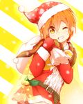  bell belt gloves grin hat hoshizora_rin jingle_bell looking_at_viewer love_live! love_live!_school_idol_project oda_(101511a) one_eye_closed orange_hair red_gloves santa_costume santa_hat scarf smile solo striped striped_background yellow_eyes 