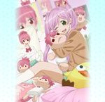  :d ;d bed character_doll cheek_press commentary dakimakura_(object) doll_hug dress_shirt fat female_pervert green_eyes kamo_(sabagebu!) kasugano_urara_(sabagebu!) kneehighs mole mole_under_mouth official_art on_bed one_eye_closed open_mouth pervert photo_(object) pillow pink_hair red_eyes sabagebu! school_uniform shirt sitting skirt smile solo sonokawa_momoka sweater twintails white_legwear 