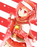  bell bow elbow_gloves gift gloves hat looking_at_viewer love_live! love_live!_school_idol_project nishikino_maki oda_(101511a) purple_eyes red_gloves red_hair santa_costume santa_hat scarf solo striped striped_background 