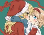  alice_margatroid alternate_costume blonde_hair blue_eyes blush capelet couple hairband hat hug imminent_kiss kirisame_marisa long_hair multiple_girls open_mouth santa_costume santa_hat short_hair touhou tsuno_no_hito yellow_eyes yuri 