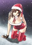  all_fours azasuke bare_shoulders black_gloves black_lagoon boots breasts brown_eyes brown_hair choker christmas downblouse fingerless_gloves gloves hat large_breasts long_hair looking_at_viewer revy_(black_lagoon) ribbon_choker santa_boots santa_costume santa_hat simple_background snowing solo tattoo thigh_boots thighhighs 