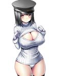  akitsu_maru_(kantai_collection) alternate_eye_color black_hair blush breasts cleavage cleavage_cutout covered_nipples cowboy_shot gloves hat jpeg_artifacts kantai_collection large_breasts looking_at_viewer meme_attire open-chest_sweater panties ribbed_sweater short_hair simple_background solo sweater thighhighs thighs tsukumiya_amane turtleneck underwear white_background white_gloves white_panties yellow_eyes 