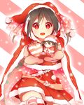  :d belt black_hair bobblehat character_doll gloves hat heart looking_at_viewer love_live! love_live!_school_idol_project oda_(101511a) open_mouth pillow red red_eyes red_gloves red_hat santa_costume santa_hat smile snowflakes solo striped striped_background thighhighs twintails yazawa_nico zettai_ryouiki 