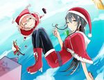  2girls absurdres animal_costume black_hair blue_eyes box christmas cloud gift gift_box hair_ribbon hat highres hikigaya_hachiman long_hair multiple_girls orange_hair pantyhose reindeer_costume ribbon santa_costume santa_hat shuiping_anding_mian yahari_ore_no_seishun_lovecome_wa_machigatteiru. yuigahama_yui yukinoshita_yukino 