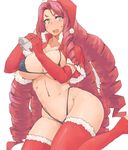  bikini black_bikini borrowed_character breasts christmas drill_hair elbow_gloves eyebrows gloves hat highres large_breasts long_hair looking_at_viewer minakami_(flyingman555) navel open_mouth original red_gloves red_hair red_legwear sack santa_hat simple_background solo sweatdrop swimsuit tabitha_luvini thighhighs thighs very_long_hair white_background yellow_eyes 