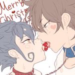  age_difference blue_hair brown_hair chain christmas collar english face food fruit fudou_akio heart ibashi_roni inazuma_eleven_(series) inazuma_eleven_go male_focus md5_mismatch merry_christmas messy multiple_boys older strawberry tongue tsurugi_kyousuke white_background yaoi 