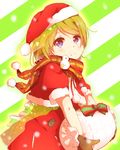  bow brown_hair gift hat koizumi_hanayo looking_at_viewer love_live! love_live!_school_idol_project oda_(101511a) purple_eyes santa_costume santa_hat scarf smile solo striped striped_background 