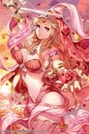  blonde_hair bracelet breasts cinia_pacifica circlet cleavage cloud dancer drill_hair dusk earrings flower ganik jewelry large_breasts long_hair midriff navel necklace orange_(color) pink_eyes red rose sky smile solo sunset sword sword_girls weapon 