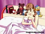  1girl bangs bed bed_sheet bird blanket breasts brown_eyes brown_hair cleavage cool_devices covering duck fan_art fujisawa_ayana hair_ribbon large_breasts looking_down naked_sheet pigtails ribbon shelf silusatrium solo stuffed_animal stuffed_toy teddy_bear twintails watermark yellow_star 