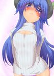  :c arms_behind_back blue_eyes blue_hair blush breast_conscious breasts cleavage_cutout food fruit hat hinanawi_tenshi long_hair long_sleeves looking_at_viewer meme_attire no_pants open-chest_sweater panties peach pink_panties ribbed_sweater small_breasts solo suikamaru sweater tears touhou turtleneck underwear very_long_hair 
