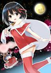  alternate_costume animal_costume bare_shoulders bell bell_choker black_hair brown_eyes chibi choker christmas dress fairy_(kantai_collection) full_moon fur_trim haguro_(kantai_collection) hair_ornament highres kantai_collection moon multiple_girls night night_sky ototsu_kei over_shoulder red_dress red_legwear reindeer_costume santa_costume short_hair sky sleigh strapless strapless_dress tears thighhighs type_99_dive_bomber 