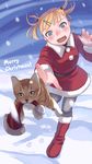  blonde_hair blue_eyes blush boots cat christmas dated english eud_(systemblue) fur_boots hair_ornament hat hat_removed headwear_removed highres merry_christmas mouth_hold open_mouth original paw_print red_footwear santa_boots santa_costume santa_hat short_hair snow snow_boots solo 