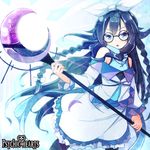  bare_shoulders black_hair black_legwear blue_eyes braid dennryuurai glasses long_hair lowres psychic_hearts solo very_long_hair 