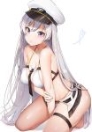  azur_lane bangs between_breasts bikini blush breasts cleavage collarbone commentary_request enterprise_(azur_lane) erect_nipples eyebrows_visible_through_hair hair_between_eyes hat highres kneeling large_breasts long_hair looking_at_viewer military_hat necktie necktie_between_breasts parted_lips purple_eyes revealing_clothes shiny shiny_hair shiny_skin silver_hair simple_background solo swimsuit very_long_hair white_background white_bikini yayoichi_(yoruyoru108) 