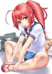 :d ahoge bad_id bad_pixiv_id feet highres holding_legs i-168_(kantai_collection) indian_style kantai_collection long_hair open_mouth ponytail red_eyes red_hair sandals school_swimsuit school_uniform serafuku sitting smile solo swimsuit swimsuit_under_clothes toes torpedo yoshiwa_tomo 