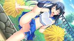  1girl black_hair blush censored cheerleader cloud discreet_vibrator dutch_angle eyes_closed kicking leg_lift midriff miniskirt no_panties open_mouth outdoors pussy pussy_juice skirt sky smile solo source_request tamahiyo upskirt vibrator 