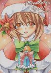  2014 box brown_hair dated gift gift_box gloves hagiwara_yukiho happy_birthday hat idolmaster idolmaster_(classic) looking_at_viewer marker_(medium) millipen_(medium) santa_costume santa_hat short_hair slit_pupils solo traditional_media white_gloves yutakasan-love 