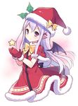  christmas demon_wings hair_ornament hairclip hat long_hair looking_at_viewer mauve mittens pio_(potion_maker) potion_maker purple_eyes santa_costume santa_hat silver_hair smile solo star wings 