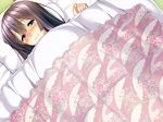  1girl amakano black_hair blue_eyes blush game_cg iromizu long_hair pillow takayashiro_sayuki 