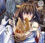  admiral_(kantai_collection) brown_hair detached_sleeves food gloves heart heart-shaped_pupils japanese_clothes kantai_collection kongou_(kantai_collection) long_hair monikano nontraditional_miko red_eyes solo_focus symbol-shaped_pupils translated 