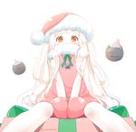  alternate_color bow box covered_mouth gift gift_box hat kantai_collection long_hair looking_at_viewer mittens northern_ocean_hime orange_eyes ribbon runamochi santa_hat shinkaisei-kan silver_hair simple_background sitting solo twitter_username v_arms white_background white_skin 