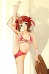  amami_haruka arm_up armpits bad_anatomy bare_legs barefoot bikini bow brown_hair collarbone cowboy_shot green_eyes hair_bow highres idolmaster idolmaster_(classic) leg_lift looking_at_viewer navel o-ring o-ring_top red_bikini shadow short_hair solo split standing standing_on_one_leg standing_split sweat swimsuit wavy_mouth zi-dabu 