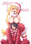  1girl araragi_koyomi bai_linqin between_breasts black_hair blonde_hair blush breast_rest breasts breasts_on_head cleavage elbow_gloves english fang gloves hat heart highres kiss-shot_acerola-orion_heart-under-blade large_breasts long_hair looking_at_viewer merry_christmas monogatari_(series) nisemonogatari oshino_shinobu ponytail santa_costume santa_hat short_hair side_ponytail sitting striped striped_legwear thighhighs yellow_eyes 