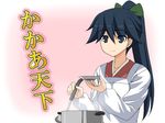  black_eyes black_hair comic commentary cooking hair_ribbon houshou_(kantai_collection) japanese_clothes kantai_collection kappougi ladle ponytail pot rappa_(rappaya) ribbon smile solo steam translated 