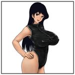  alternate_hair_color assertive black_hair breasts cameltoe diving_suit erect_nipples hand_on_hip hand_on_hop highleg large_breasts lipstick lupin_iii makeup mine_fujiko parted_lips rapanda simple_background solo standing teeth tms_entertainment white_background zipper 
