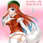  ass beret blue_eyes braid breasts christmas cleavage_cutout colored_eyelashes dress elbow_gloves eyes_visible_through_hair gloves hat hong_meiling large_breasts long_hair mabuchoco_m md5_mismatch meme_attire naked_sweater no_panties open-chest_sweater red_dress red_hair santa_costume short_sleeves skindentation solo star sweater thighhighs tongue tongue_out touhou twin_braids white_gloves white_legwear 