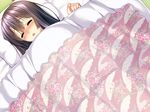  1girl amakano black_hair blush breasts eyes_closed game_cg iromizu long_hair pillow takayashiro_sayuki 