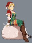  2014 anal_beads blonde_hair blue_eyes blush boots breasts brown_footwear capelet christmas cleavage crossed_legs dated dumbbell final_fantasy final_fantasy_tactics fur_trim greaves hat knee_boots large_breasts monk_(fft) sack santa_hat short_hair sitting smile solo tsukudani_(coke-buta) vambraces 