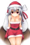  bad_id bad_pixiv_id bare_shoulders belt blush breasts christmas cleavage collarbone cowboy_shot dress fur_trim gloves hair_ornament hairclip hat large_breasts legs_together looking_at_viewer mizushina_minato original red_eyes red_gloves sack santa_costume santa_hat silver_hair sitting solo strapless strapless_dress 