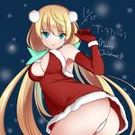  1girl angela_balzac ass bare_shoulders blonde_hair blue_eyes blush breasts christmas dress elbow_gloves expelled_from_paradise from_behind gloves hair_ornament leaning leaning_forward long_hair looking_at_viewer low_twintails panties rakuen_tsuihou santa_costume shizma snow solo thong twintails underwear very_long_hair 