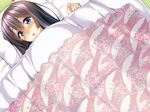  1girl amakano black_hair blue_eyes blush breasts game_cg iromizu long_hair pillow takayashiro_sayuki 