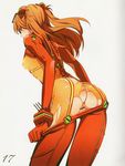  absurdres anus ass bar_censor bodysuit breasts censored highres long_hair mebae multicolored multicolored_bodysuit multicolored_clothes neon_genesis_evangelion orange_bodysuit plugsuit pussy rebuild_of_evangelion red_bodysuit shikinami_asuka_langley simple_background small_breasts solo souryuu_asuka_langley test_plugsuit torn_clothes 