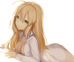  ahoge artoria_pendragon_(all) blonde_hair breasts cleavage dress_shirt fate/stay_night fate_(series) green_eyes hair_down long_hair lying medium_breasts on_stomach open_clothes open_shirt saber shinooji shirt solo 