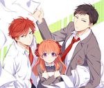  2boys bad_id bad_pixiv_id black_hair bow brown_eyes gekkan_shoujo_nozaki-kun hair_bow mery_(apfl0515) mikoshiba_mikoto multiple_boys necktie nozaki_umetarou orange_hair paper polka_dot polka_dot_bow purple_eyes red_eyes red_hair sakura_chiyo smile 