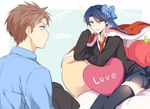  1boy 1girl bad_id bad_pixiv_id black_legwear blue_bow blue_hair bow brown_eyes brown_hair cape food fruit fur_trim gekkan_shoujo_nozaki-kun green_eyes hair_bow hand_rest heart heart_pillow hori_masayuki kashima_yuu long_sleeves looking_at_viewer mery_(apfl0515) necktie pillow polka_dot polka_dot_bow red_cape red_neckwear school_uniform sitting skirt smile sparkle speech_bubble strawberry thighhighs zettai_ryouiki 