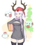  absurdres animal_hat antlers black_legwear box breasts christmas cleavage cowboy_shot dress earmuffs gift gift_box hat highres kumiko_shiba league_of_legends long_hair medium_breasts meme_attire open-chest_sweater poro_(league_of_legends) purple_eyes red_nose reindeer_antlers ribbed_sweater santa_hat scarf silver_hair solo standing sweater sweater_dress syndra thighhighs zettai_ryouiki 