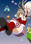  amagi_brilliant_park antenna_hair bare_shoulders blush boots brown_hair christmas detached_sleeves floating_hair fur_boots fur_trim gift hair_intakes hat highres long_hair looking_at_viewer pencil_skirt ponytail red_footwear sack santa_boots santa_hat sento_isuzu skirt solo sparkle striped striped_legwear thighhighs yellow_eyes yoshiki360 