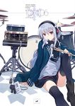  black_legwear cover cover_page cymbals doujin_cover drum drum_set drumsticks instrument knee_up long_hair looking_at_viewer miz original purple_eyes scarf silver_hair sitting skirt smile solo thighhighs 