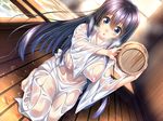  1girl amakano barrel black_hair blue_eyes blush breasts dutch_angle erect_nipples game_cg heavy_breathing kneeling large_breasts long_hair open_mouth piromizu see-through_silhouette solo steam takayashiro_sayuki water wet wet_clothes wooden_floor wooden_wall 