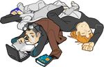  3boys bento_malus black_hair blue_hair book computer densetsu_kyojin_ideon glasses hatari_naburu laptop multiple_boys orange_hair sarmatamra sleeping tekuno_gyabari 