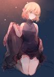  1girl alternate_costume atoki blonde_hair blush colored dress green_eyes highres kneeling legs_together light_particles looking_at_viewer mizuhashi_parsee pointy_ears short_hair simple_background sketch sleeveless solo touhou turtleneck 