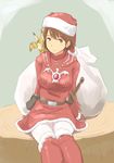  adapted_costume boots brown_eyes brown_hair christmas fur_boots fur_trim hat highres kaze_no_tani_no_nausicaa knee_boots legs_together looking_at_viewer nausicaa pantyhose red_footwear sack santa_boots santa_hat short_hair sitting sketch solo teto wa_(genryusui) white_legwear 