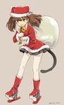  :d bell bell_collar black_skirt boots brown_background brown_eyes brown_hair cat_tail collar full_body fur_trim gloves hat highres ice_skates japanese_clothes kantai_collection kariginu looking_at_viewer motohara_moka open_mouth over_shoulder pantyhose paw_pose pleated_skirt red_footwear ryuujou_(kantai_collection) sack santa_boots santa_costume santa_hat simple_background skates skirt smile solo tail twintails twitter_username white_gloves white_legwear 