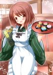  ama_usa_an_uniform apron brown_eyes brown_hair cosplay food girlfriend_(kari) gochuumon_wa_usagi_desu_ka? highres japanese_clothes kimono mochi satou_satomi seiyuu_connection shiina_kokomi short_hair tray ujimatsu_chiya ujimatsu_chiya_(cosplay) wa_maid wagashi waitress zenon_(for_achieve) 