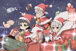  &gt;_&lt; arare_(kantai_collection) bell black_hair capelet christmas closed_eyes fur_trim gift grey_eyes hair_ornament hat heart kantai_collection kasumi_(kantai_collection) lavender_hair long_hair multiple_girls ooshio_(kantai_collection) ooyama_imo open_mouth pointing sack santa_costume santa_hat short_hair side_ponytail silver_hair sleigh smile star stuffed_animal stuffed_toy teddy_bear twintails yellow_eyes 