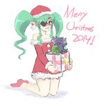 bad_id bad_tumblr_id bare_shoulders blush box christmas detached_sleeves dress eyepatch fang flat_chest gift gift_box green_hair hat highres long_hair pheles_izayoi pink_eyes pointy_ears red_dress red_legwear red_seiryu santa_costume santa_hat sidelocks socks solo strapless strapless_dress stuffed_toy the_guided_fate_cross_thesis twintails 